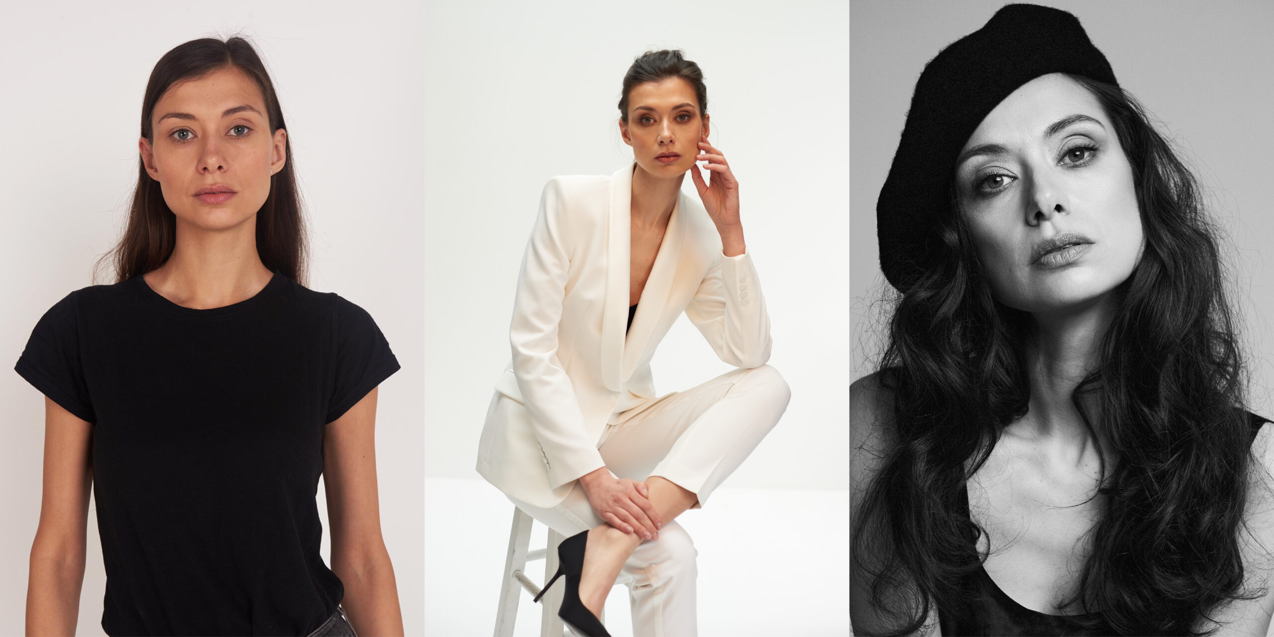 a woman in a black top and a woman in a white suit