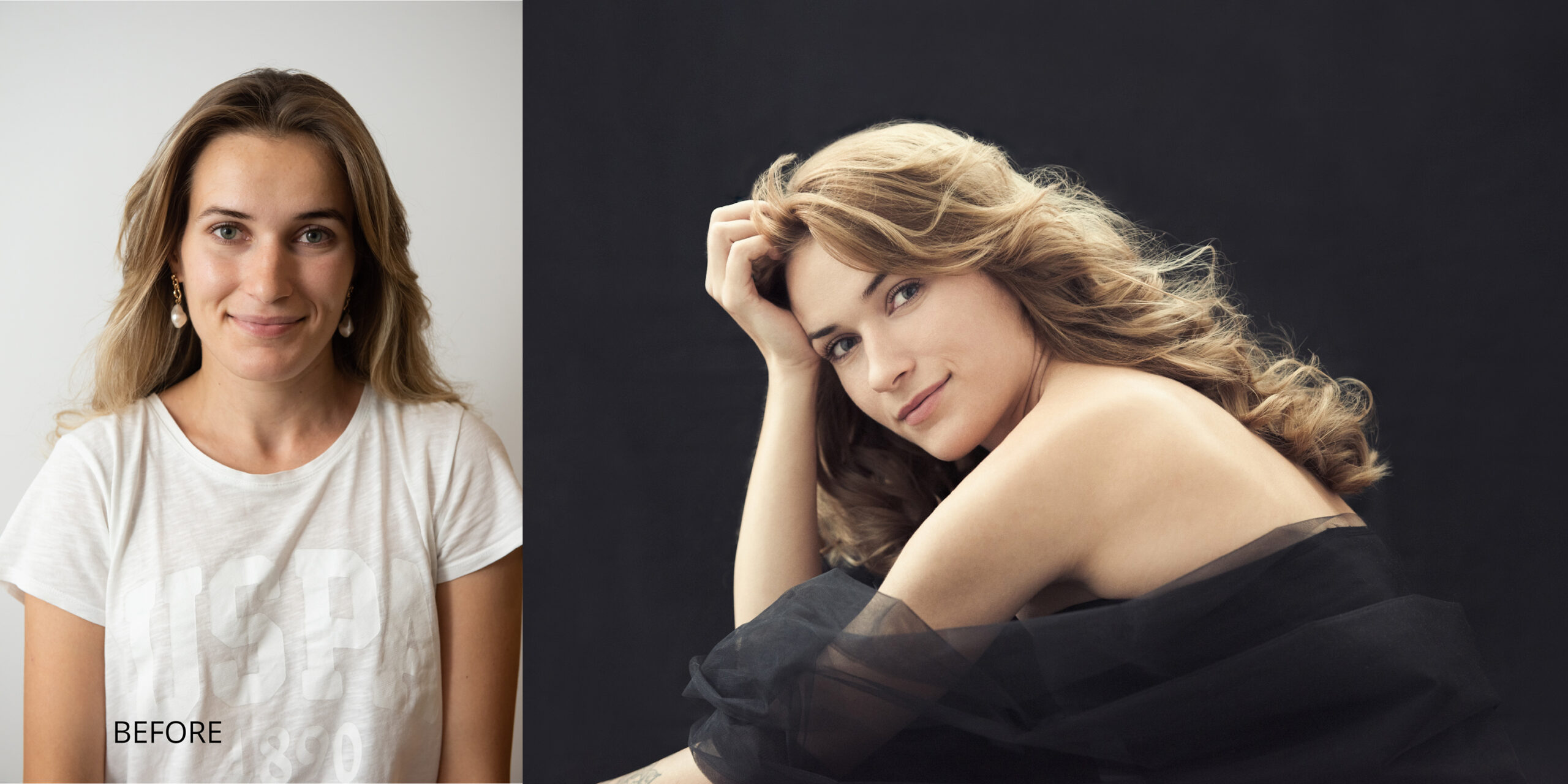 a woman with a white shirt and a black background