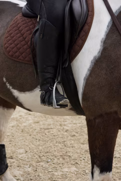 a person riding a horse on a dirt field