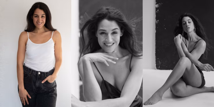 a woman posing for a picture and a black and white photo of her