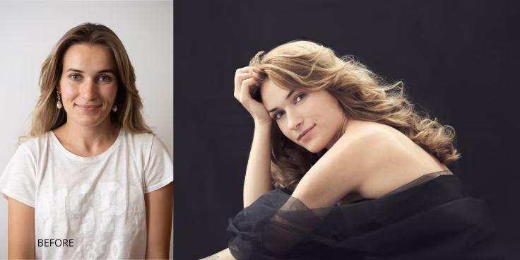 a woman with a white shirt and a black background