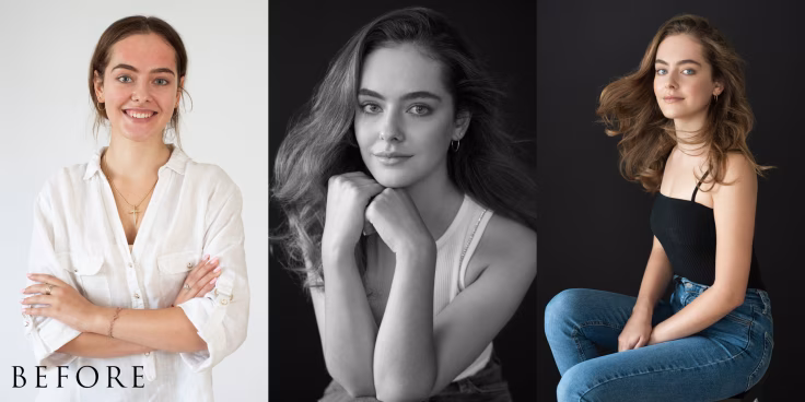 a woman sitting on a stool and a black and white photo of her